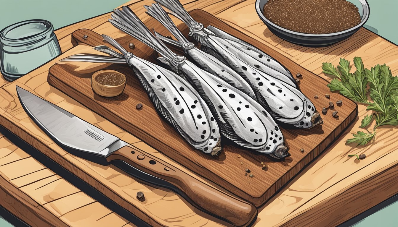 Quail wings laid out on a cutting board with a knife and seasoning nearby, ready for preparation