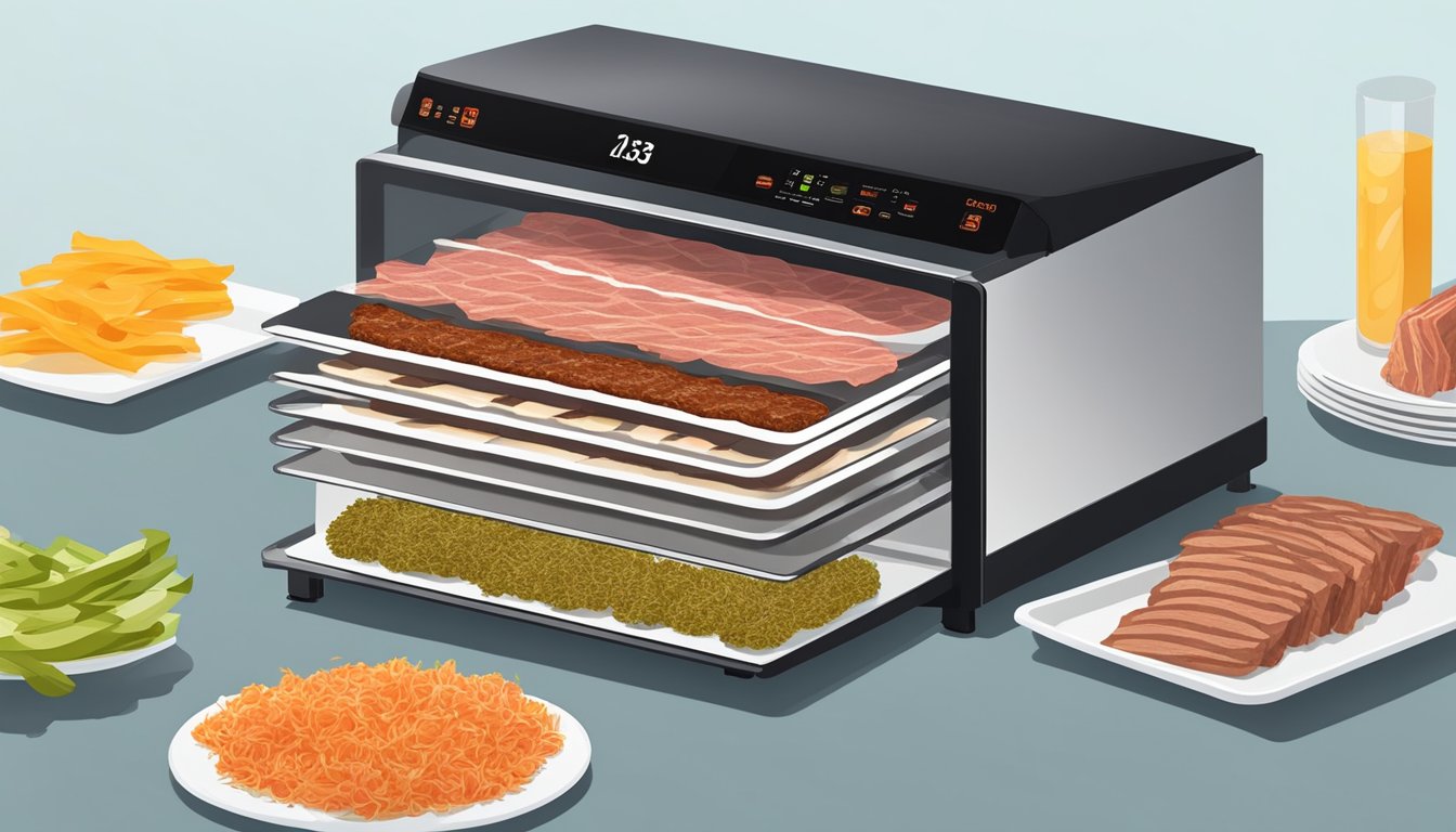 A food dehydrator set at 135 degrees with trays of seasoned meat strips