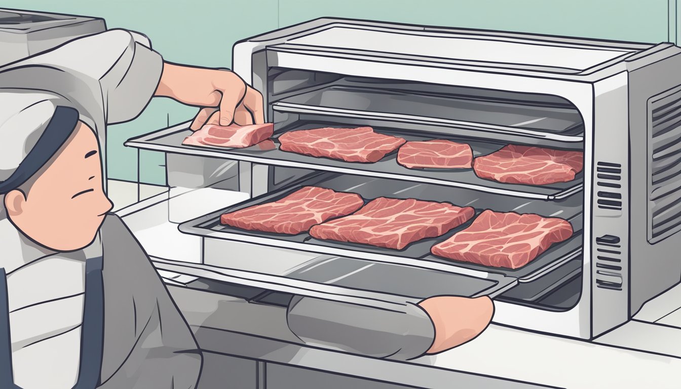 A person placing strips of raw meat onto dehydrator trays at 135 degrees Fahrenheit