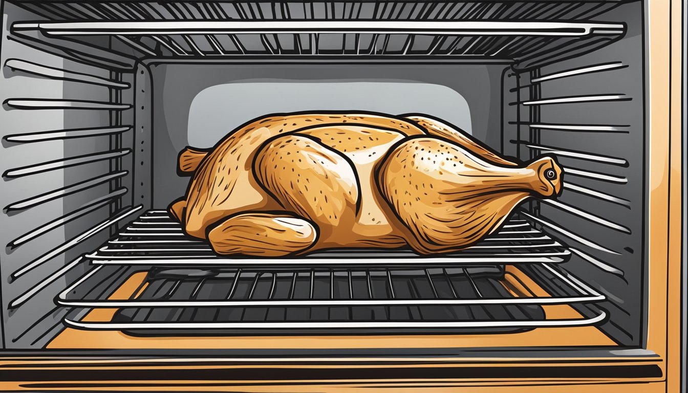 A whole chicken breast is sliced into thin strips and arranged on a wire rack inside a hot oven, with the door slightly ajar to allow for air circulation