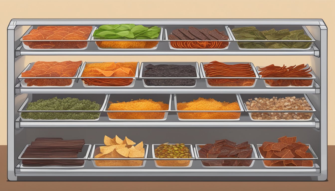 A dehydrator set at 135 degrees with various types of jerky laid out on the racks, surrounded by different seasonings and marinades