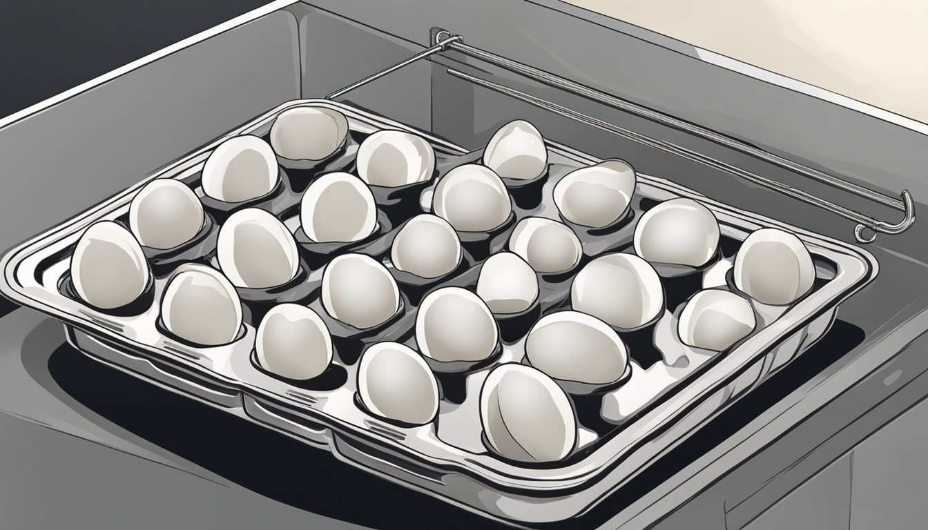 Eggs cracked into a bowl, whisked, and poured onto a lined baking sheet. The oven door is open with the tray inside