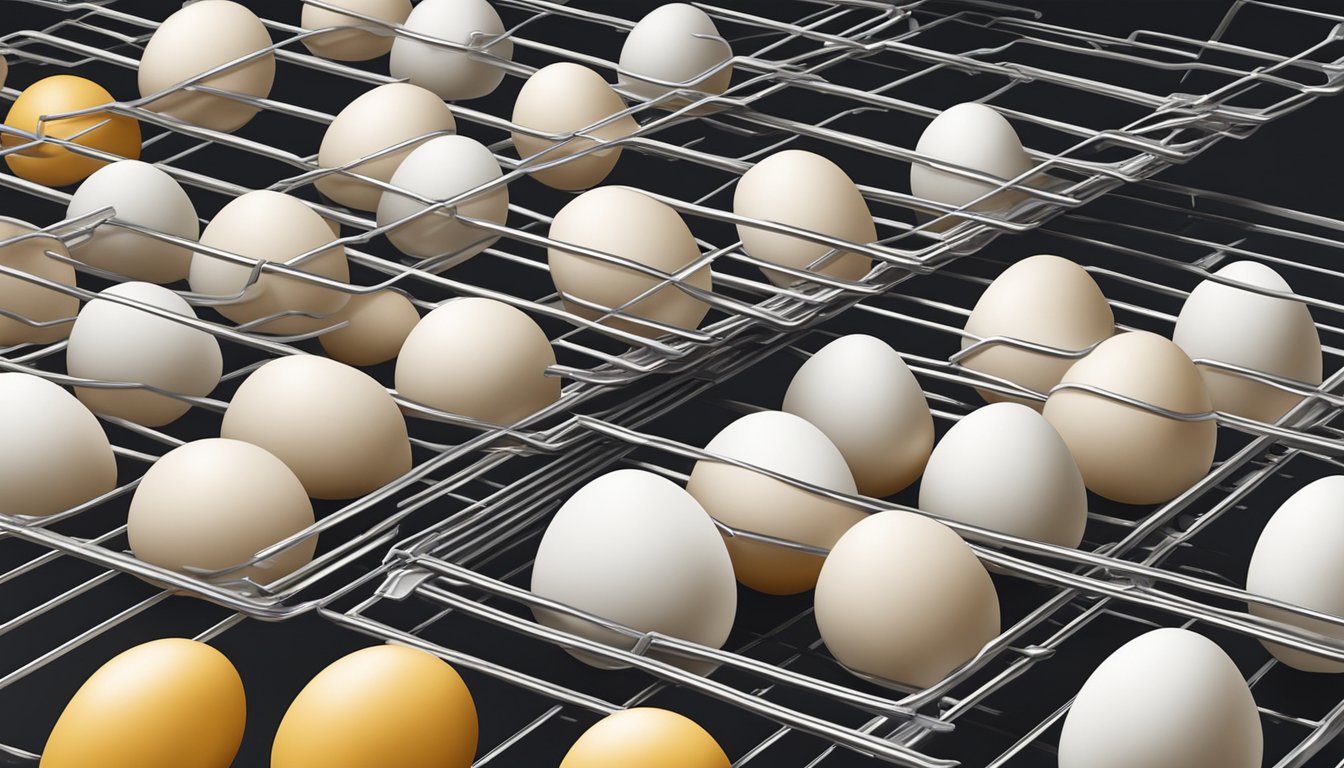 Eggs arranged on wire racks inside a low-temperature oven