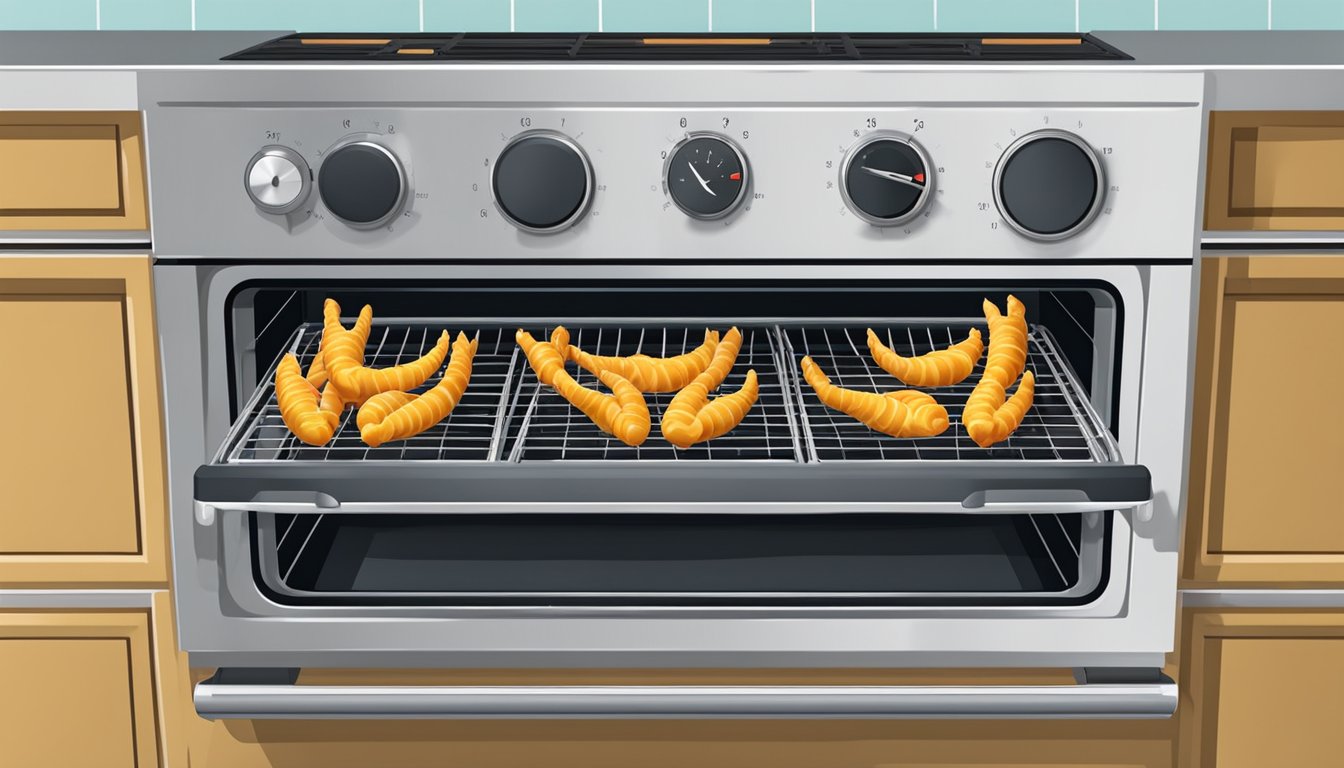 Chicken feet arranged on wire racks in the oven, with the oven door closed and temperature dial set