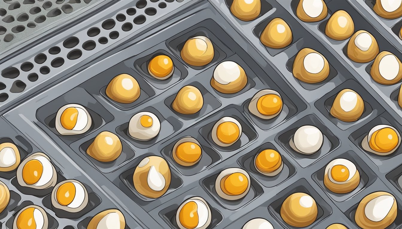 Quail eggs arranged on dehydrator trays, with the dehydrator machine set to the appropriate temperature and ready to begin the dehydration process