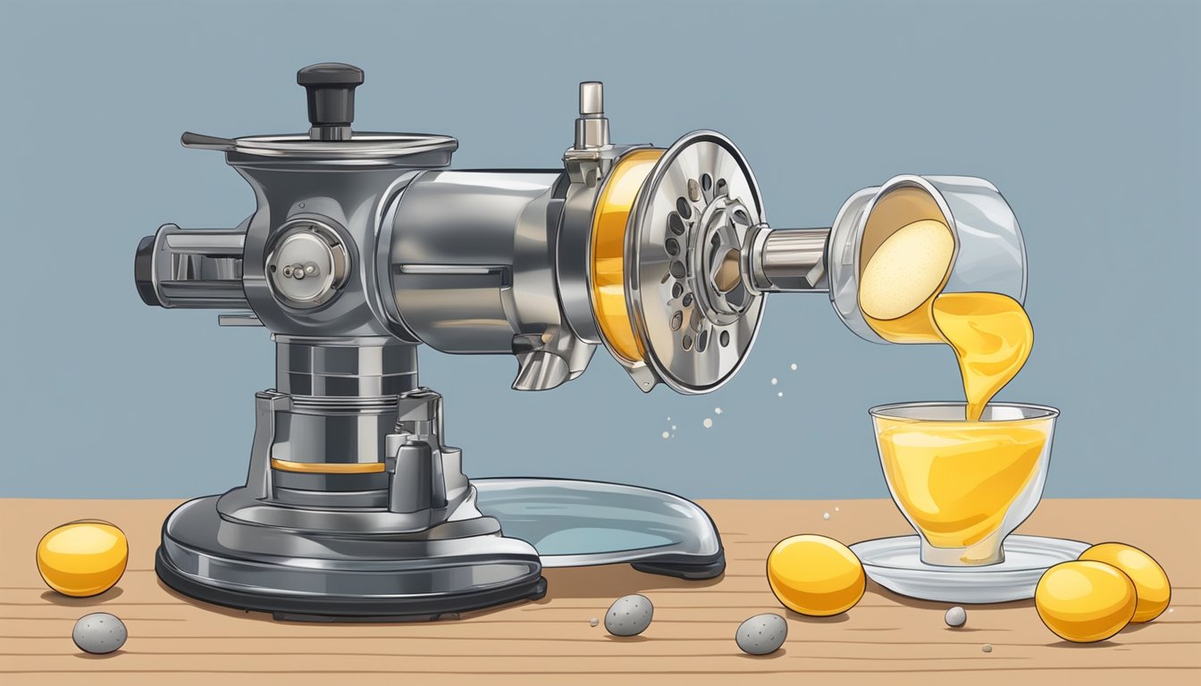 A hand-operated grinder pulverizes dehydrated eggs into a fine powder