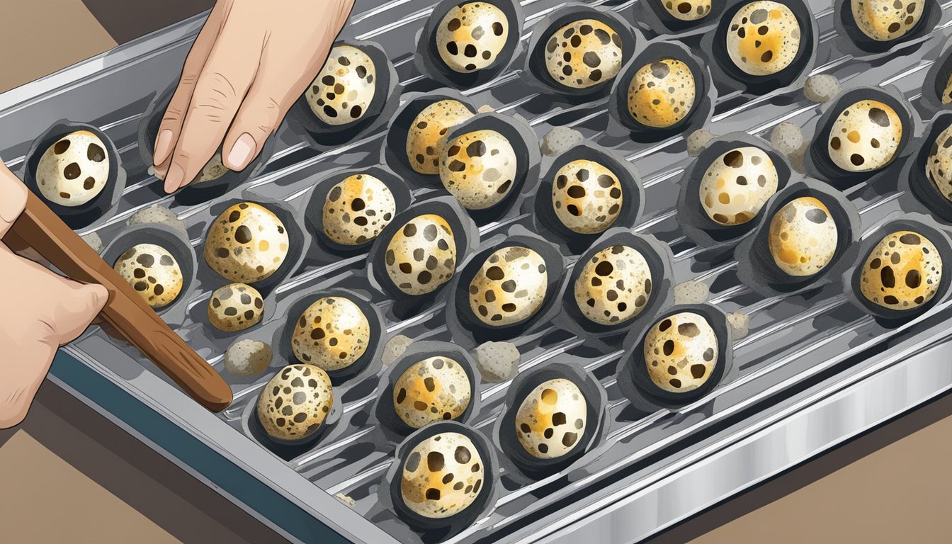 Quail eggs being carefully cracked and placed on a dehydrator tray