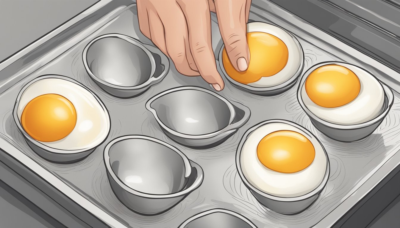 Eggs being cracked into a bowl, whisked, and spread onto a baking sheet before being placed in the oven to dehydrate