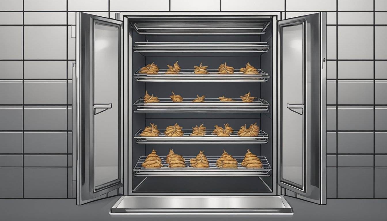 Chicken feet arranged on wire racks in a preheated oven, with the door slightly ajar to allow for air circulation