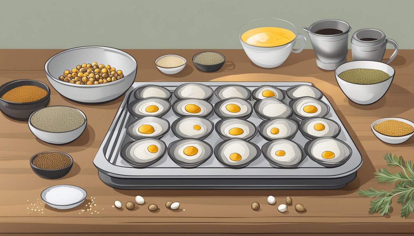 Quail eggs placed on dehydrator trays, surrounded by small bowls of seasoning and a timer set nearby