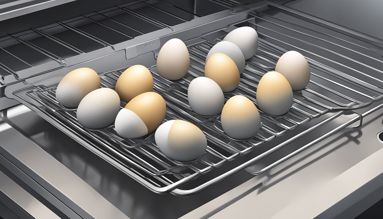 Eggs placed on oven racks, door ajar, heat radiating, timer set