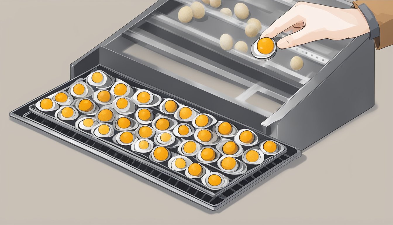 Quail eggs being placed on dehydrator trays, set to low heat