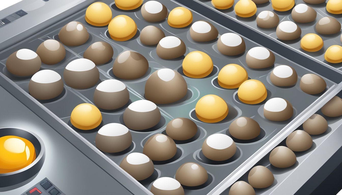 Quail eggs being placed on dehydrator trays, with the machine set to the appropriate temperature and timer