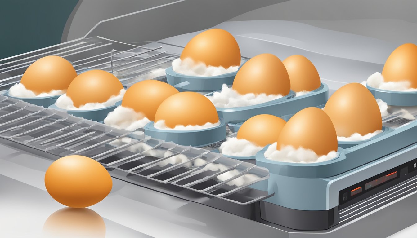 Fresh eggs placed in a food dehydrator, with the machine set to the appropriate temperature and time for safe dehydration