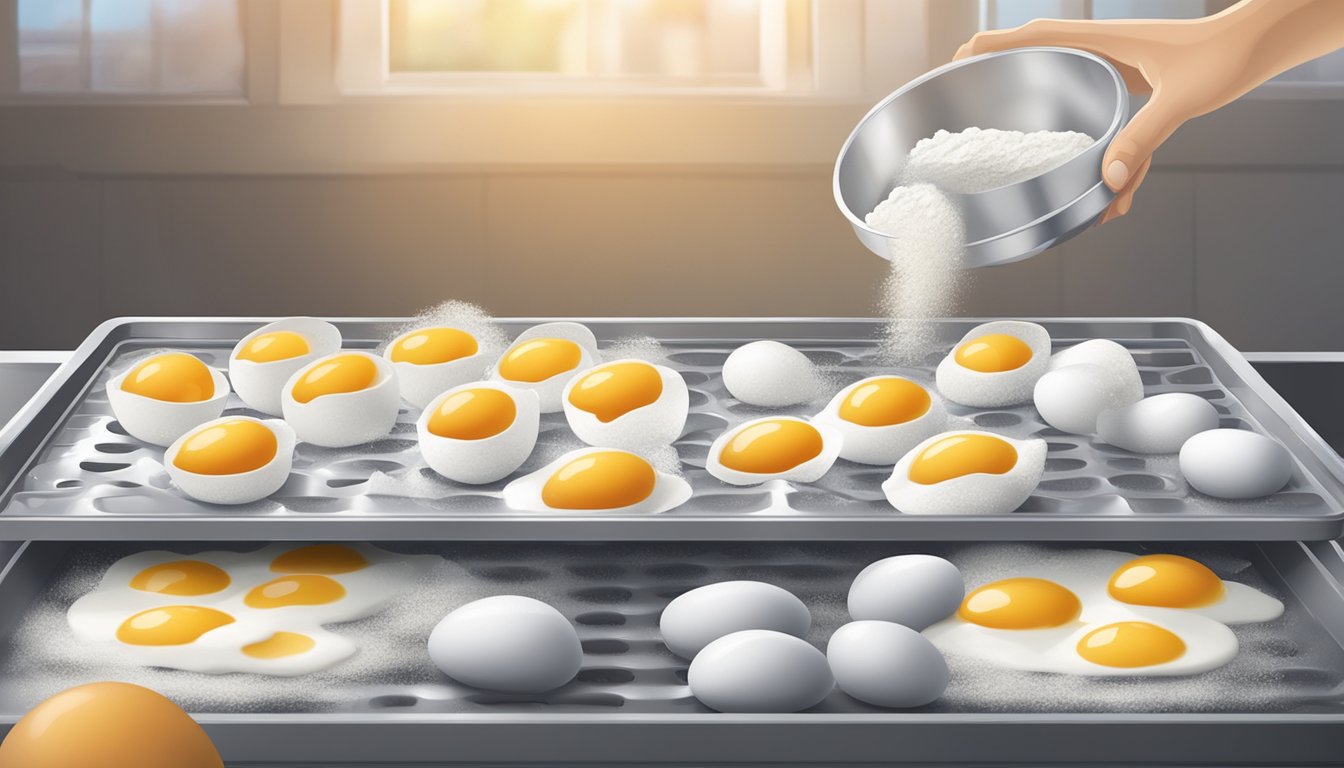 Eggs being cracked, whisked, and poured onto dehydrator trays. Tray of powdered eggs being sealed in airtight packaging for storage