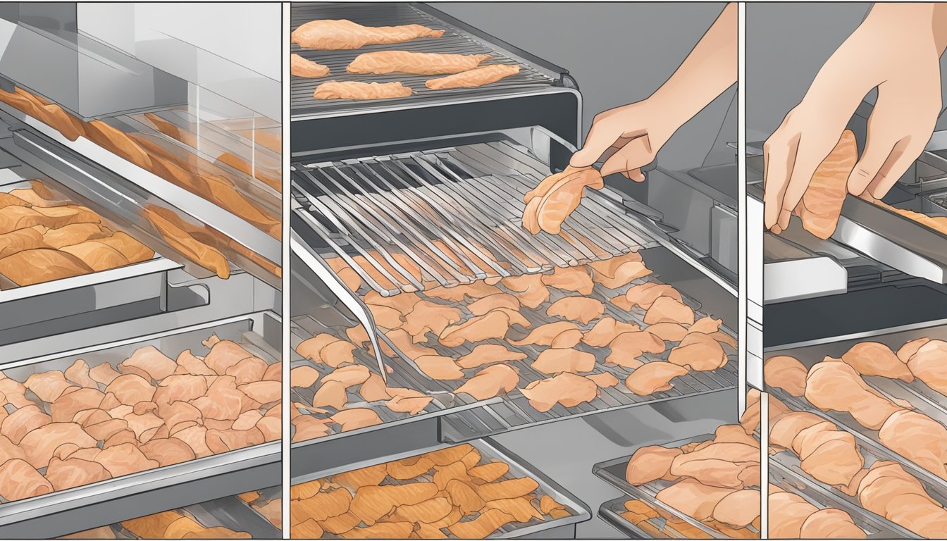 Raw chicken being sliced into thin strips, arranged on dehydrator trays, and set to dry