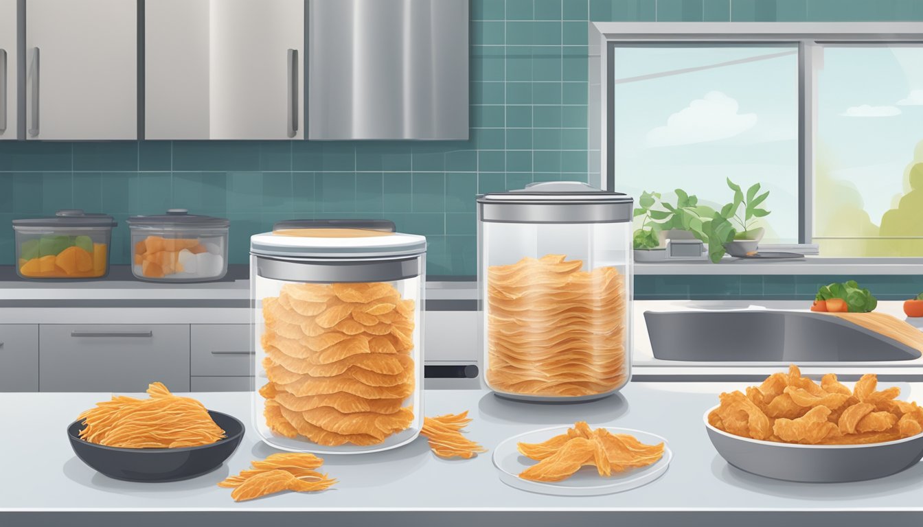 A kitchen counter with dehydrated chicken strips in airtight containers and a dehydrator machine in the background