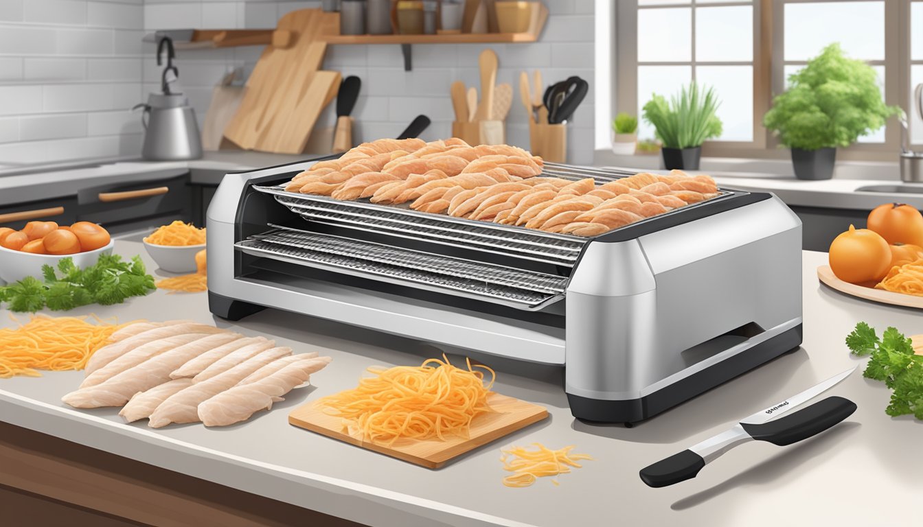 A countertop dehydrator filled with sliced chicken strips, a cutting board, and a sharp knife