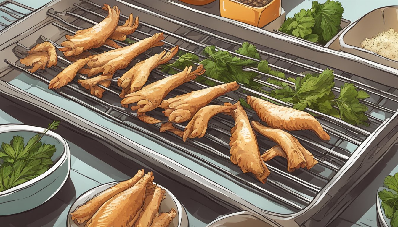 Chicken feet laid out on a wire rack, surrounded by seasonings and herbs. A fan blows gently in the background to aid in the dehydration process