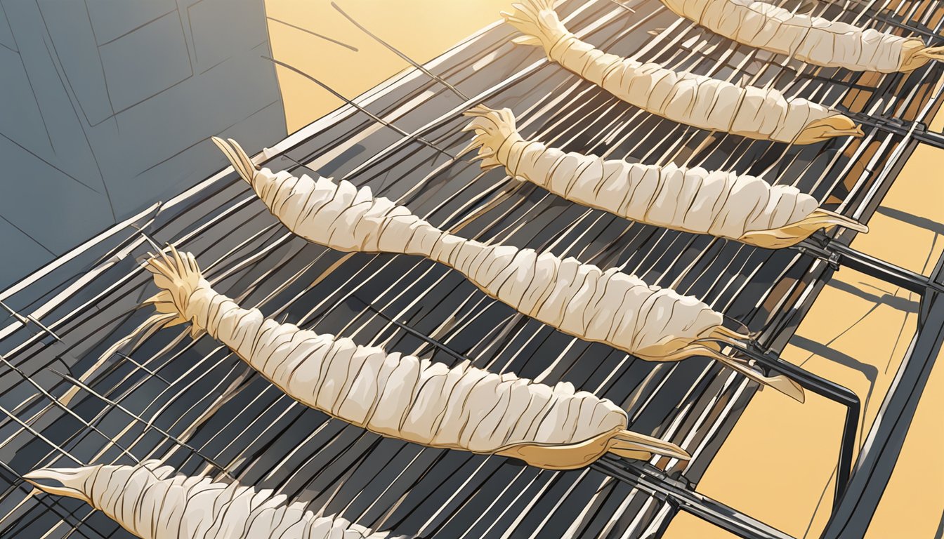 Chicken feet laid out on a wire rack under the sun, with a fan nearby for air circulation