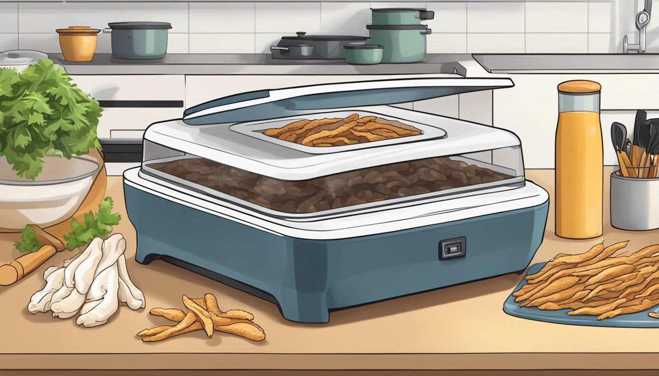 A dog treat dehydrator filled with chicken feet, a cutting board, and a sharp knife on a kitchen counter