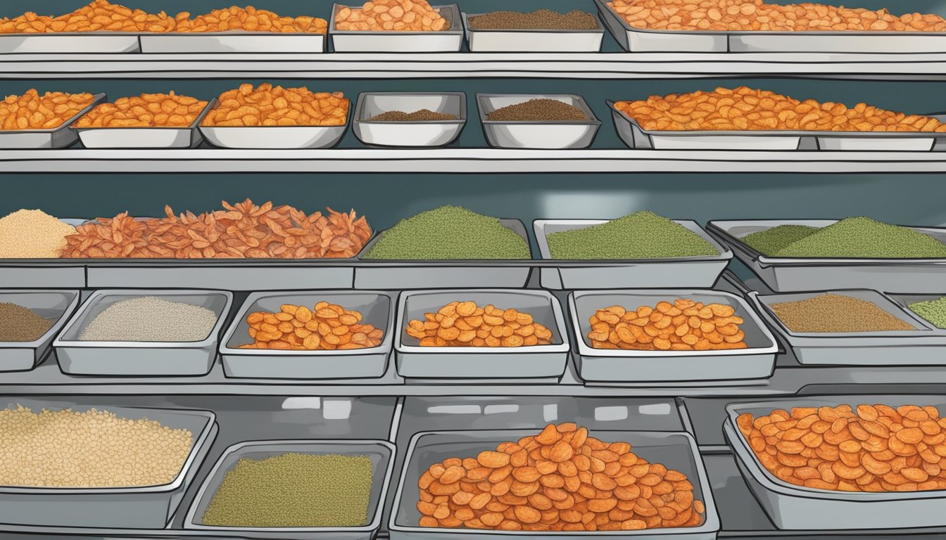 Dehydrated shrimp arranged on a wire rack, surrounded by bowls of seasoning and a dehydrator in the background