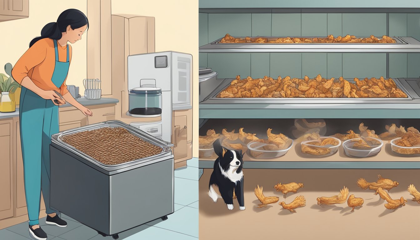 A dehydrator filled with chicken feet, a dog eagerly waiting nearby, and a person preparing the dehydrated treats