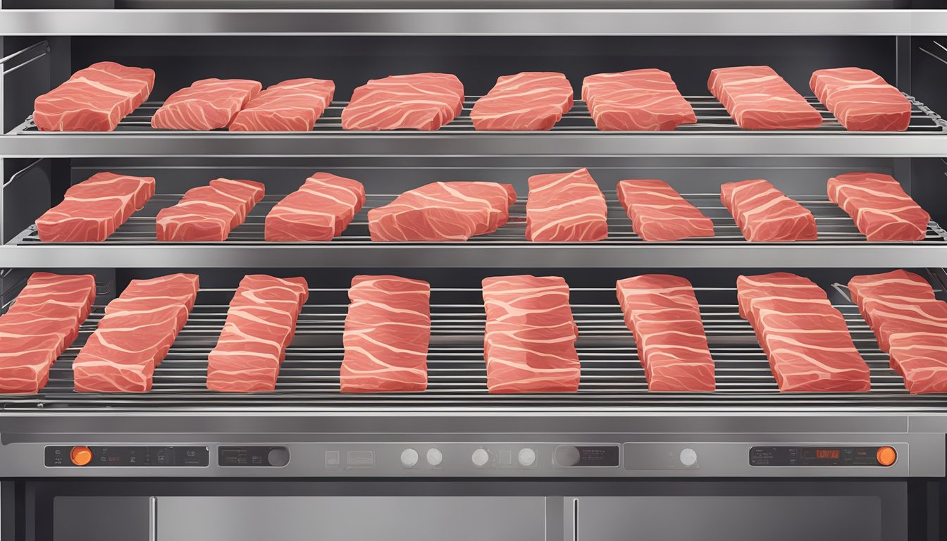 Raw meat strips laid out on wire racks inside a warm oven