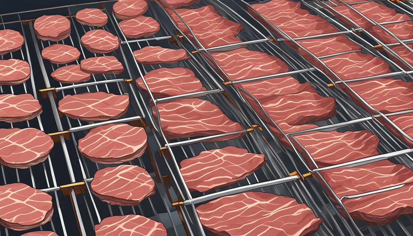 Thin slices of raw meat laid out on wire racks inside a hot oven, with the warm air circulating around them as they slowly dehydrate