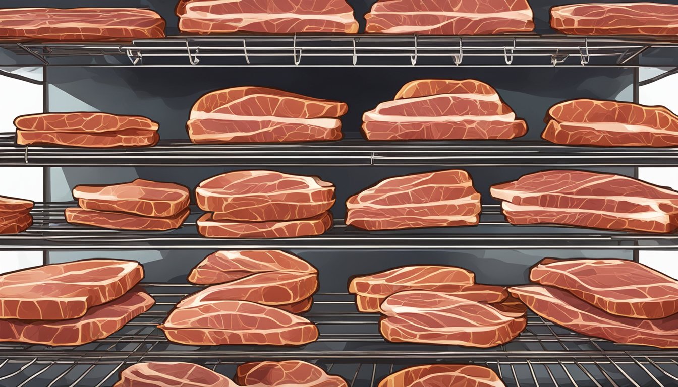 Slices of marinated meat laid out on wire racks inside a hot oven