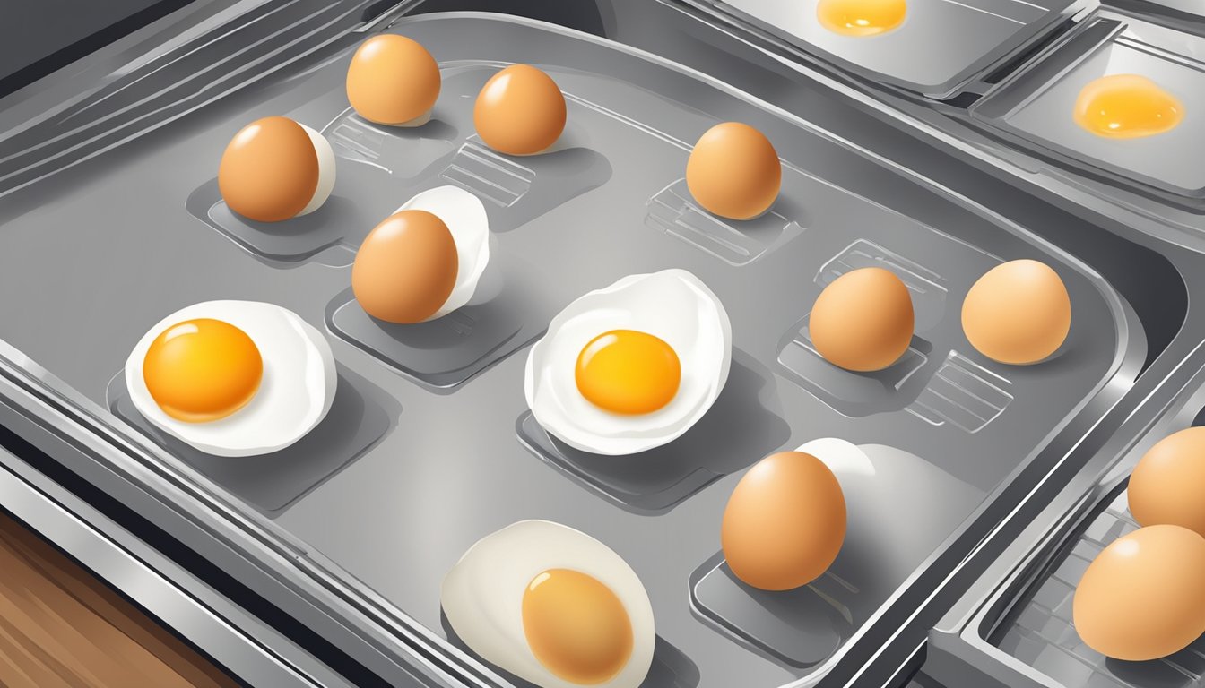 Eggs being cracked, whisked, and spread thinly on a dehydrator tray. The machine's heat slowly drying the eggs until they become a fine powder