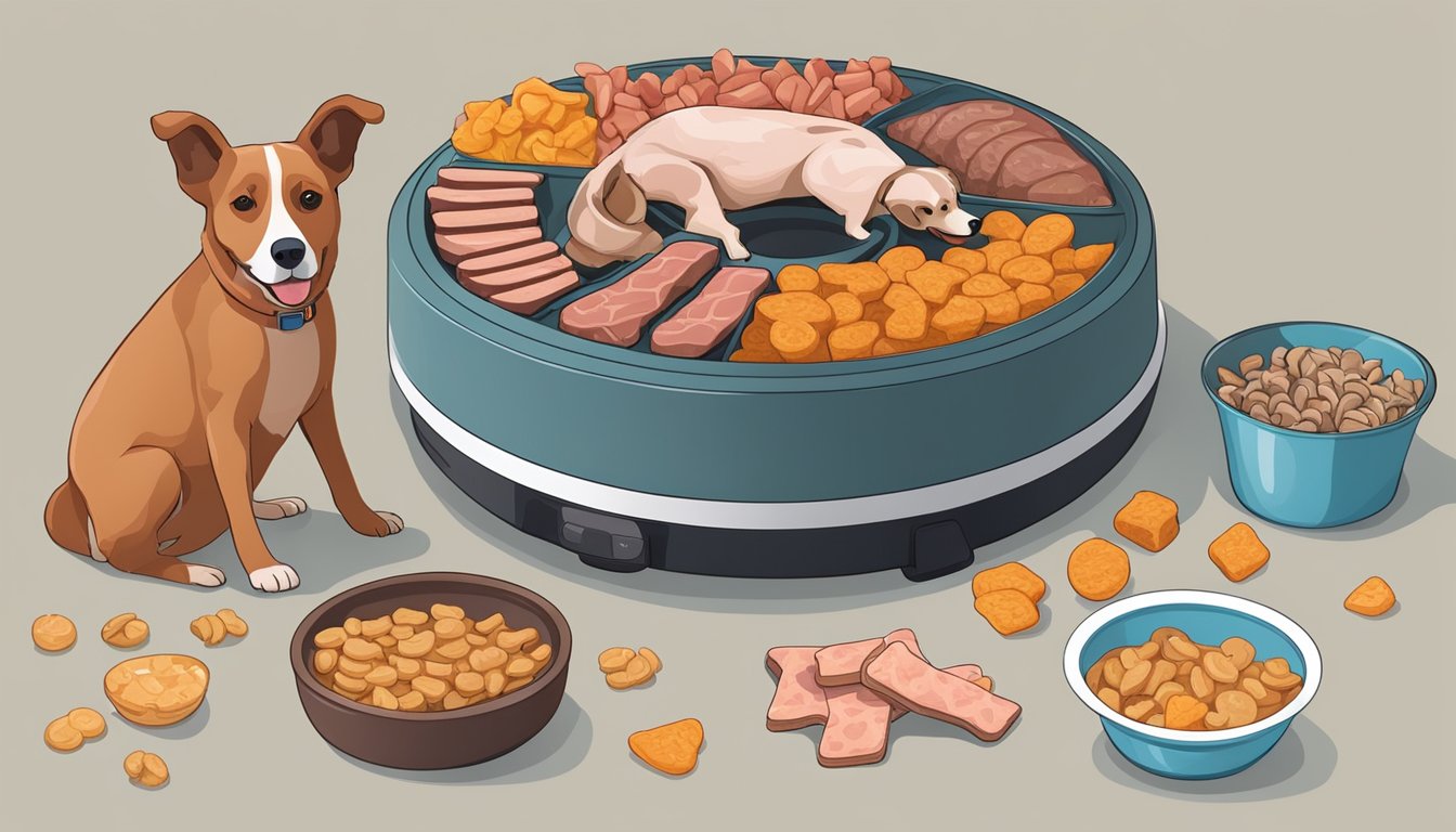 A dog treat dehydrator surrounded by various cuts of meat and a pet bowl