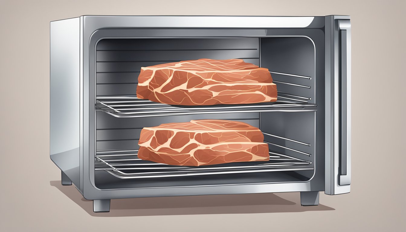 Thin slices of meat arranged on wire racks inside a warm oven, with the door slightly ajar to allow moisture to escape