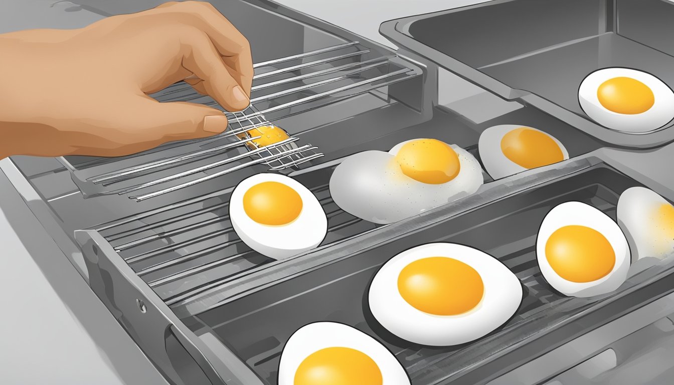 Eggs being cracked into a bowl, whisked, and spread onto a dehydrator tray. The tray is then placed into a dehydrator or oven for drying