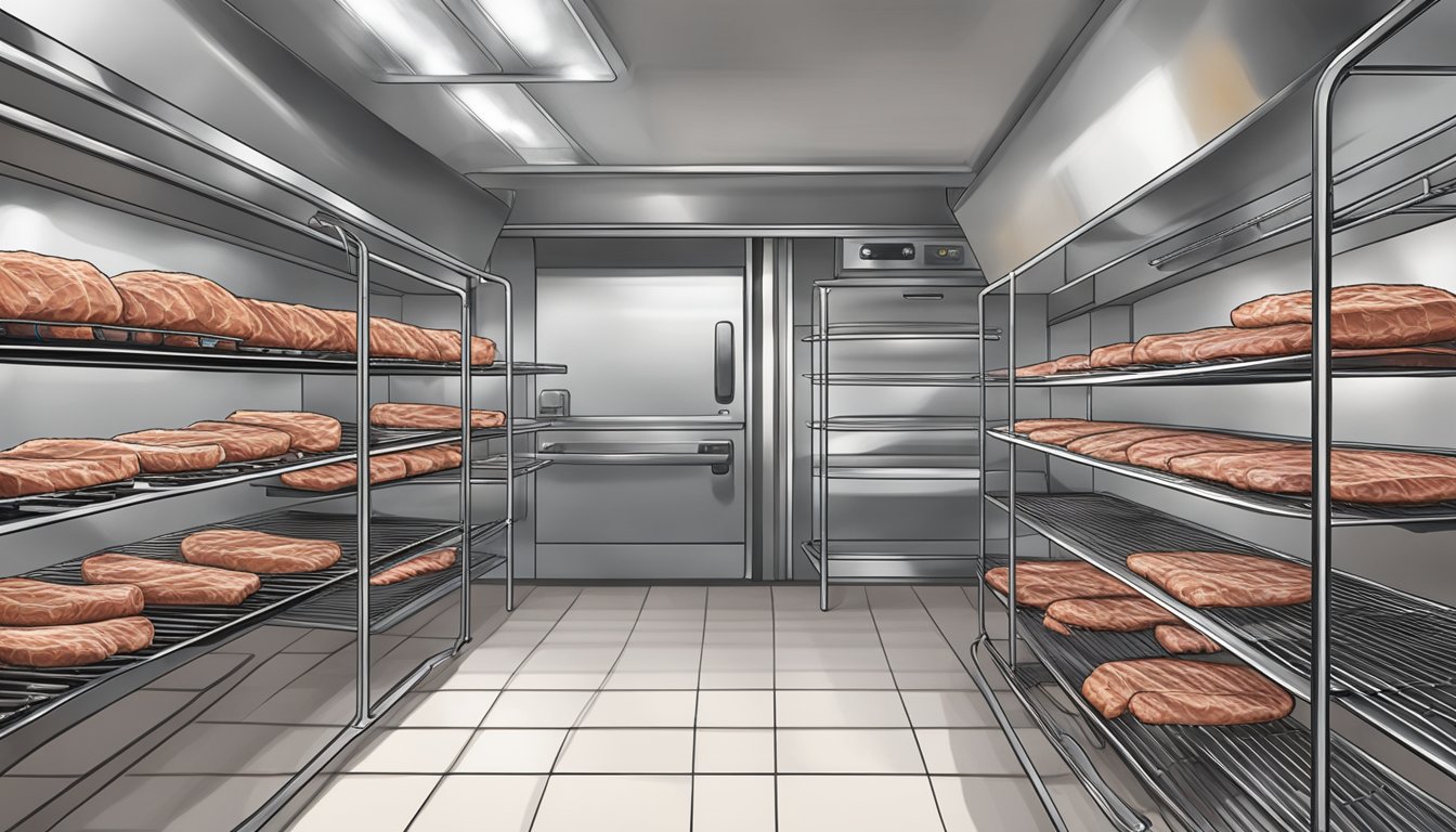 Slices of meat laid out on wire racks inside a hot oven, with the door slightly ajar to allow for air circulation