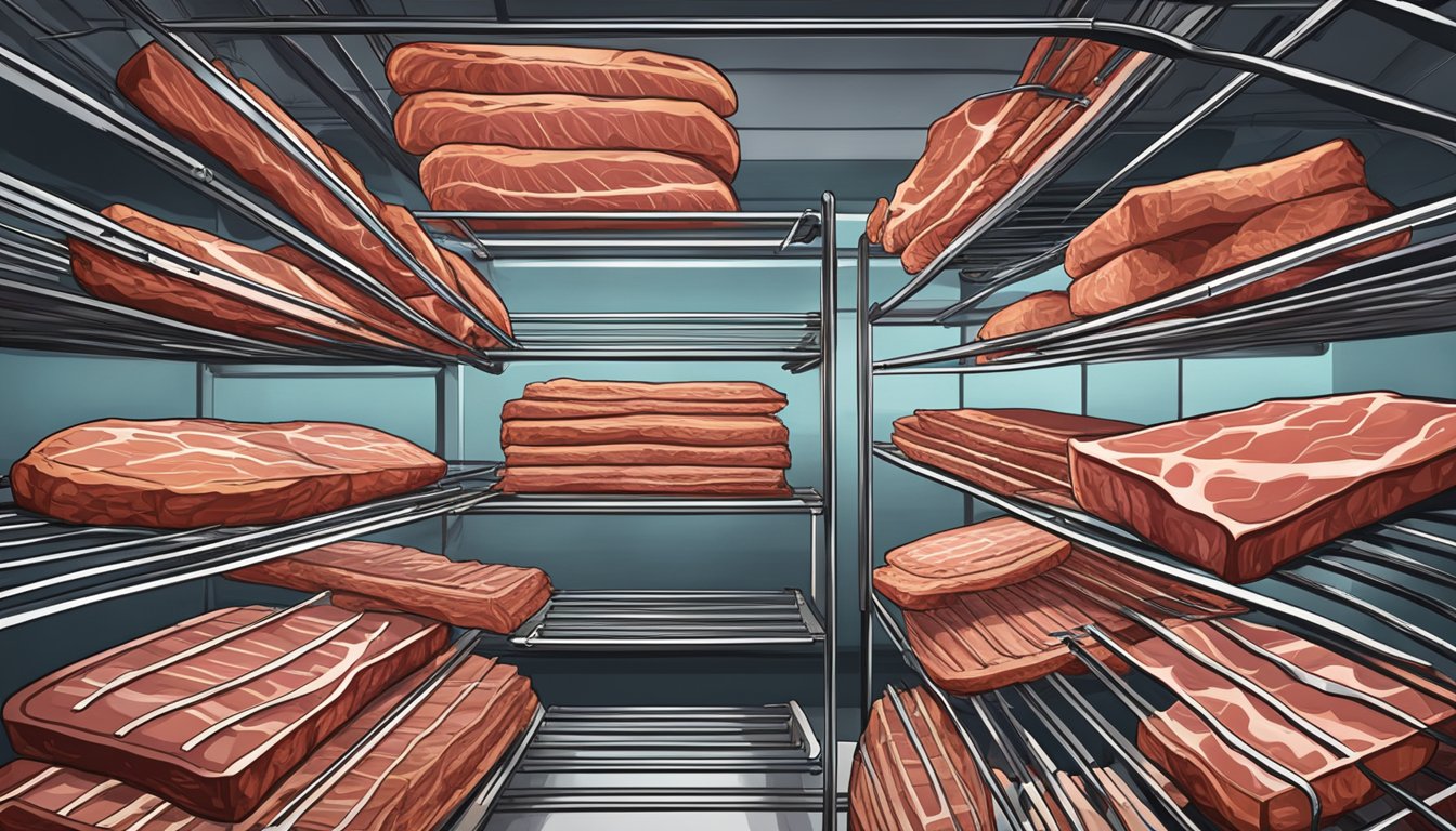 Slices of meat laid out on wire racks in an oven, with the door slightly ajar to allow for air circulation