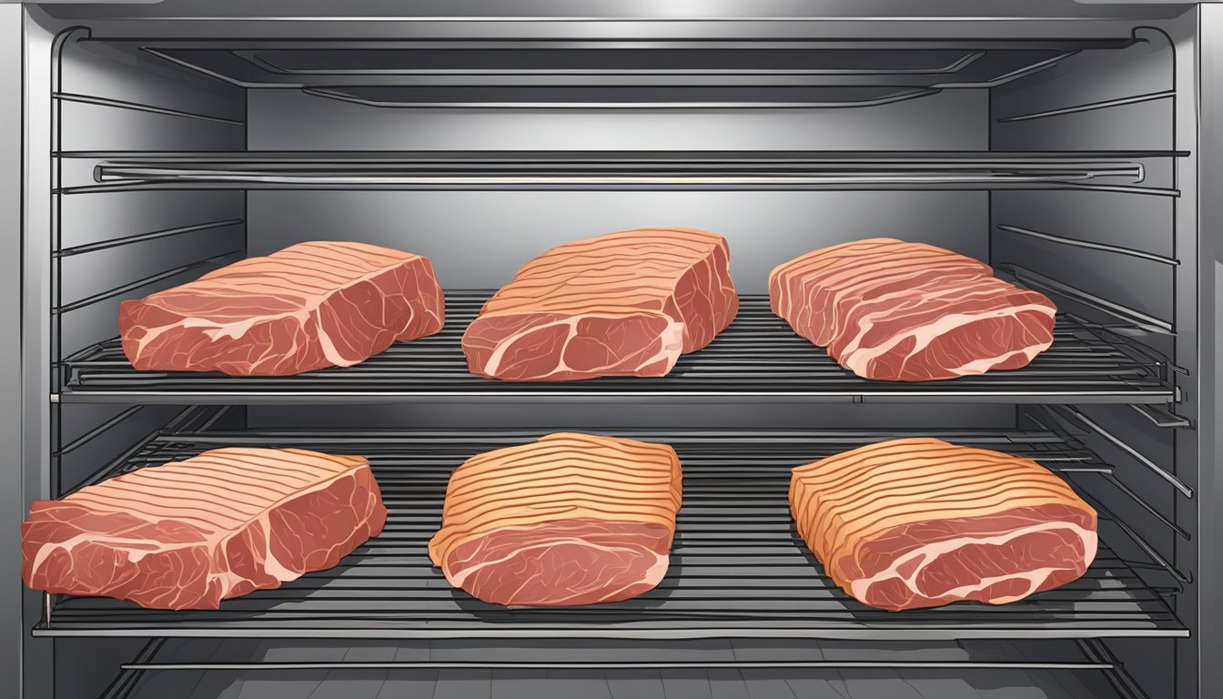 Thin strips of seasoned meat laid out on wire racks inside a low-heat oven, with the door slightly ajar to allow for air circulation