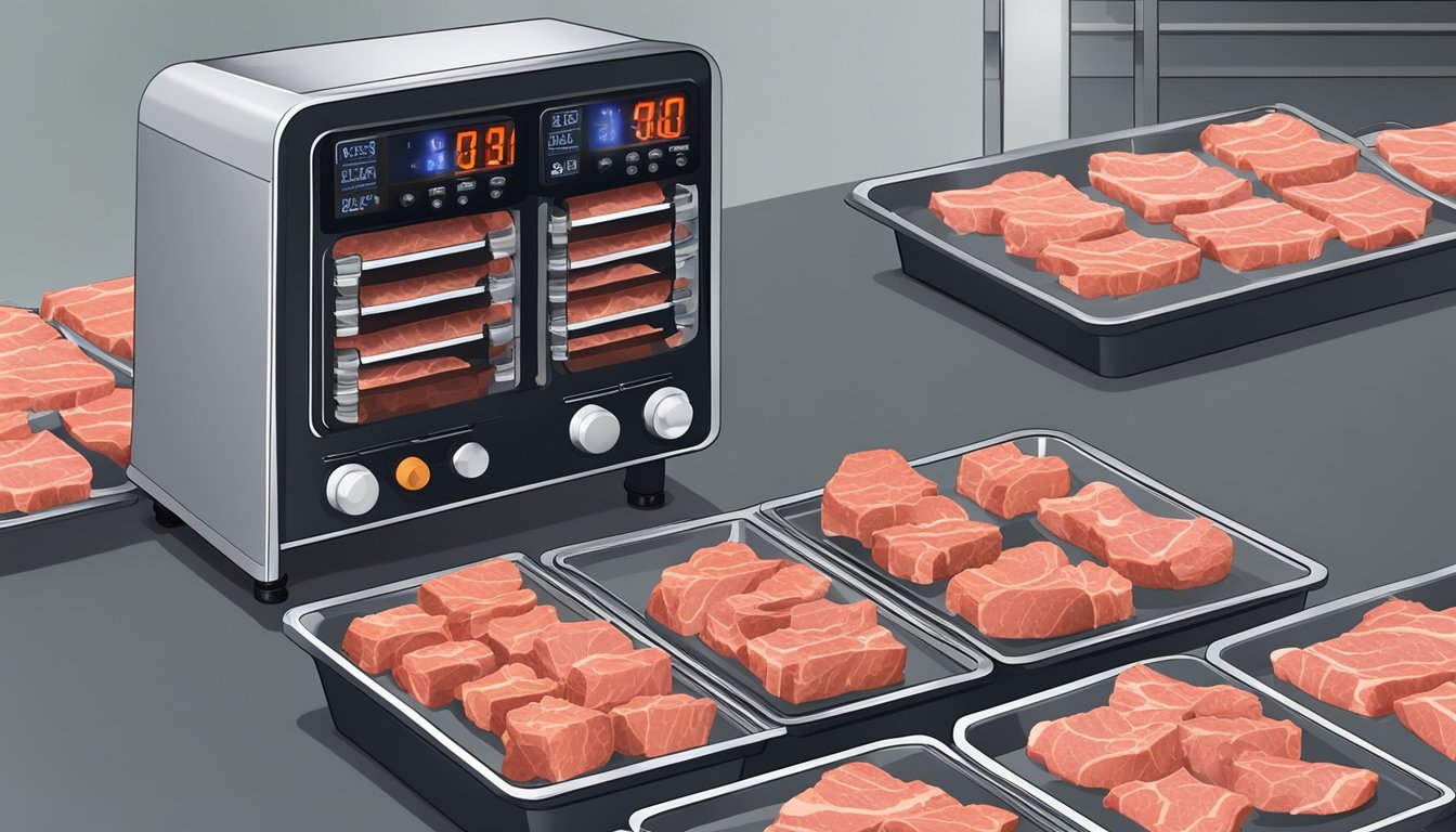 Chunks of meat arranged on dehydrator trays, surrounded by the machine's metal frame and vents. A timer and temperature settings are visible on the control panel