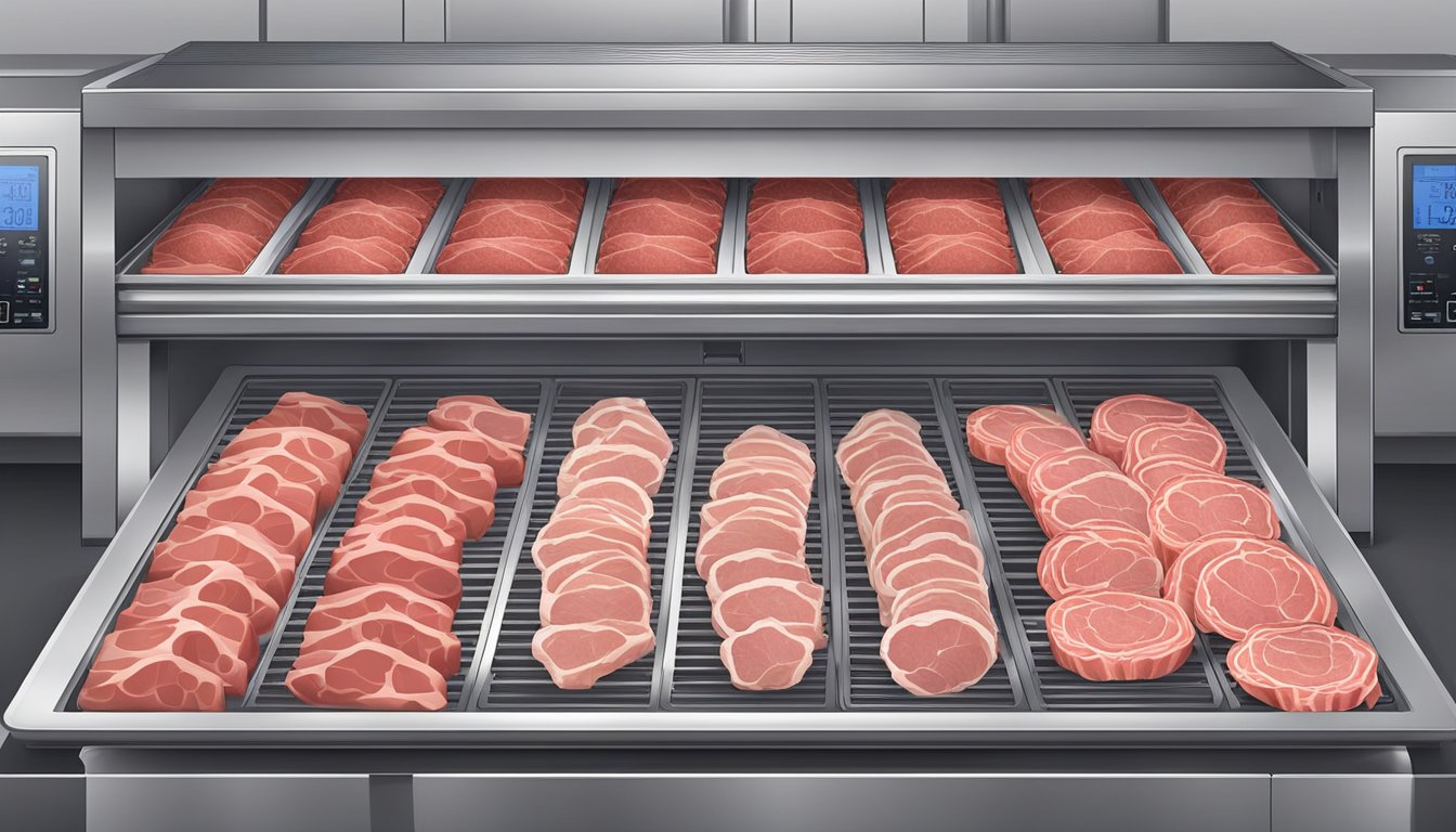 Fresh meat strips arranged on dehydrator trays, surrounded by the machine's vents and temperature controls