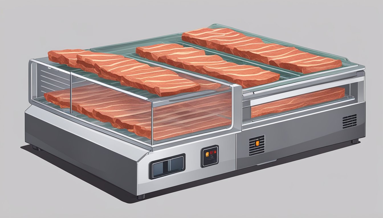 Slices of meat laid out on dehydrator trays, with the dehydrator machine plugged in and running, emitting warm air