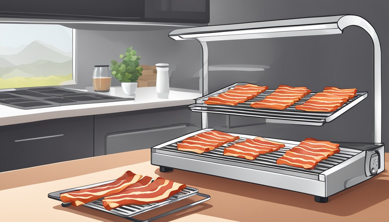 Slices of bacon laid out on dehydrator trays, with the machine set to the recommended temperature and time for drying