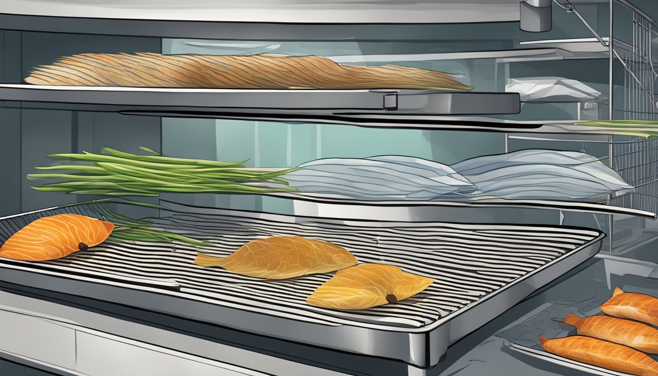 A fish being sliced into thin strips and arranged on a wire rack inside a dehydrator