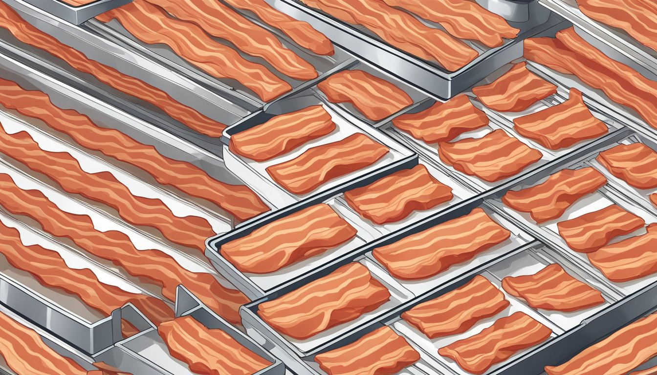 Slices of bacon laid out on dehydrator trays, with the machine set to low heat