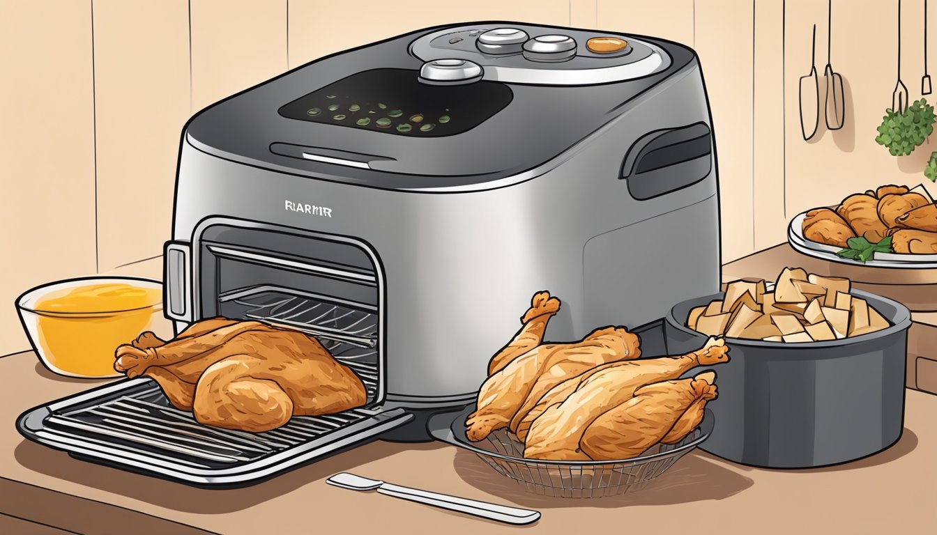 A chicken being sliced into thin strips and placed on the racks of an air fryer, with the machine turned on and the chicken slowly dehydrating