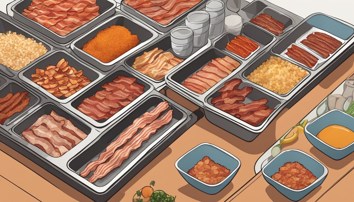 Bacon strips laid out on dehydrator trays, surrounded by bowls of various flavorings like maple, sriracha, and black pepper