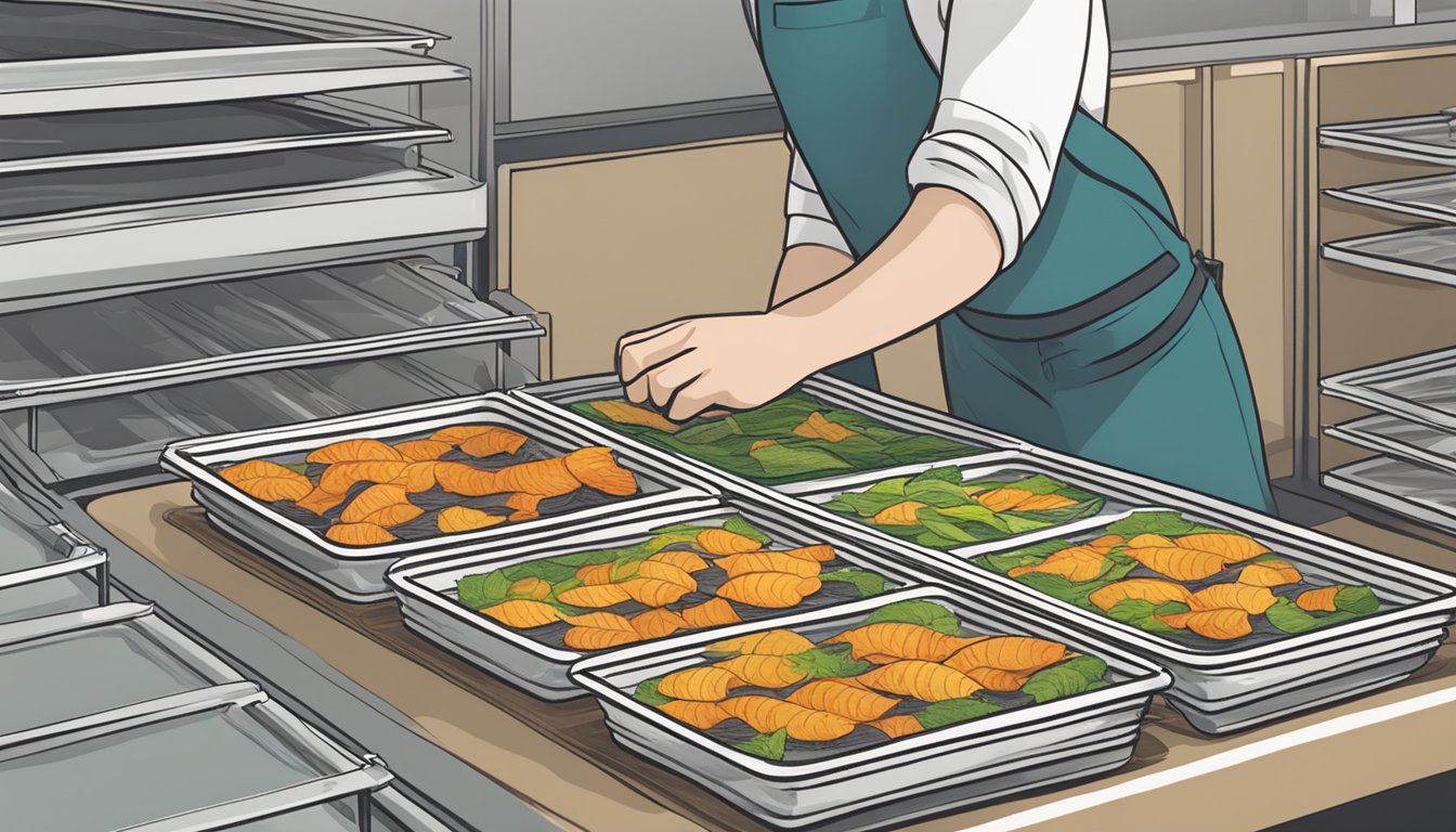 A person placing fish slices on dehydrator trays