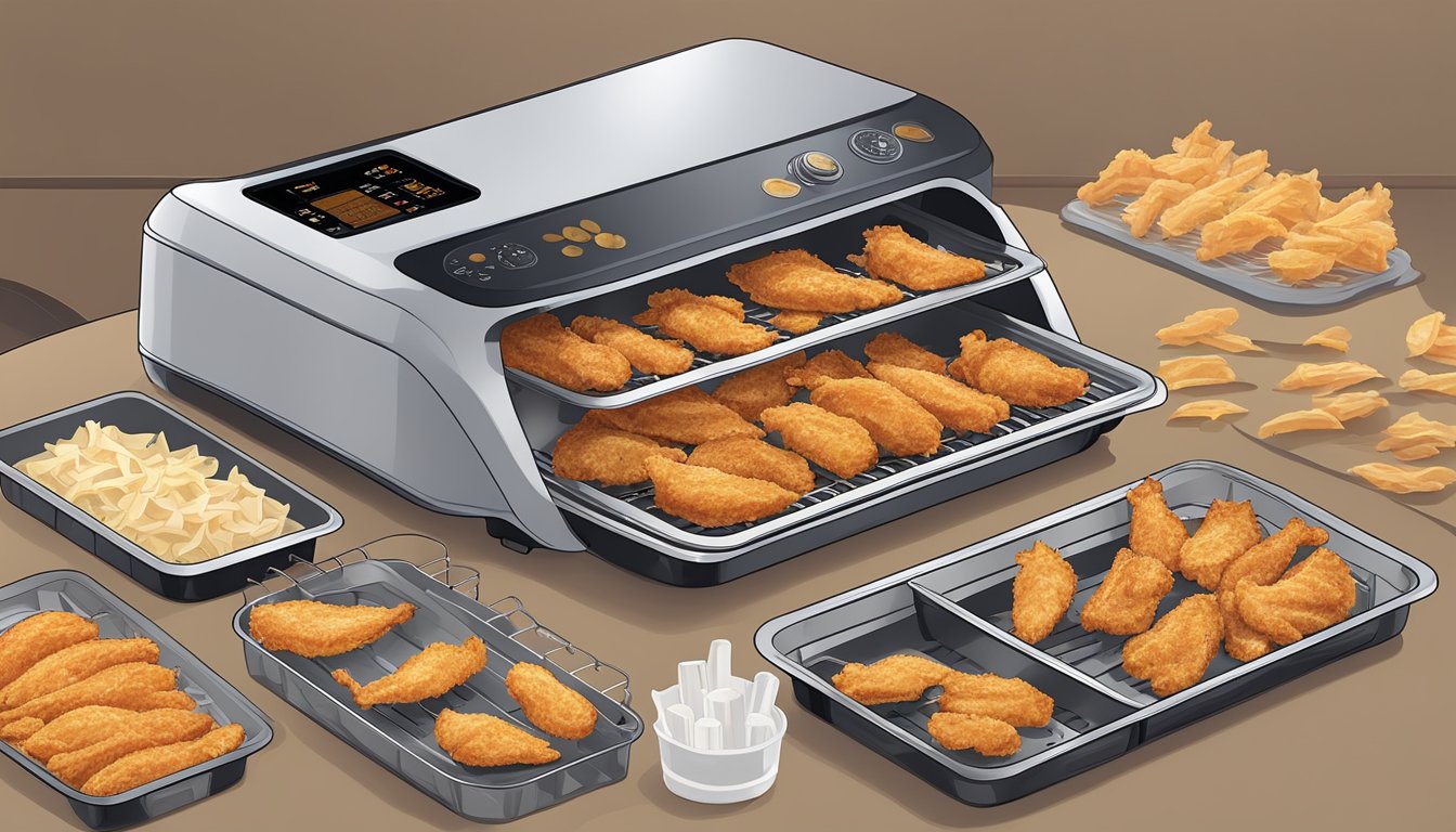 Dehydrated chicken strips arranged on air fryer trays, with the machine set to a low temperature