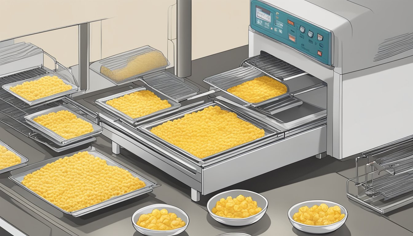 Scrambled eggs being spread onto dehydrator trays, with the machine set to low heat