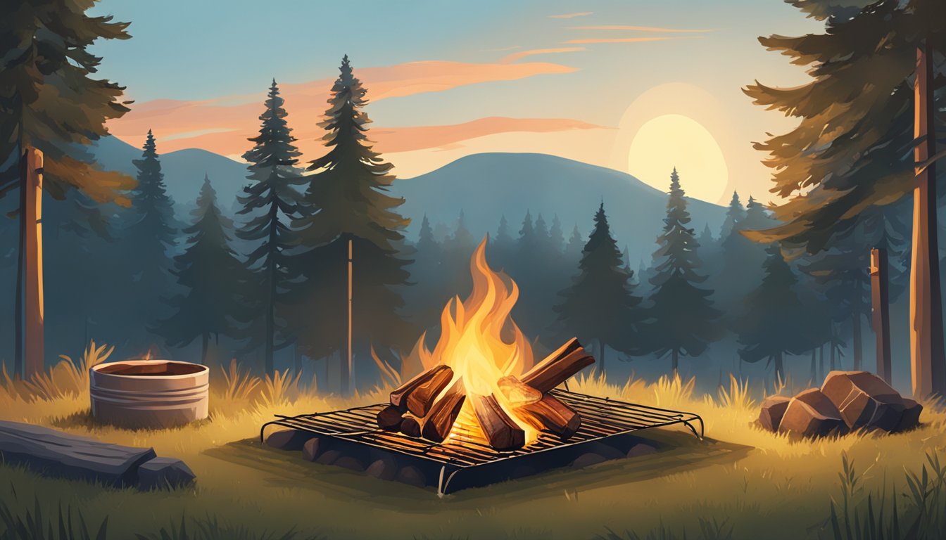 A campfire with a metal rack over it, holding strips of meat. Surrounding trees and a clear sky above