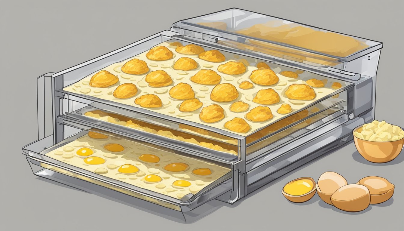 Scrambled eggs being spread in a thin layer on dehydrator trays, then placed inside the dehydrator for storage